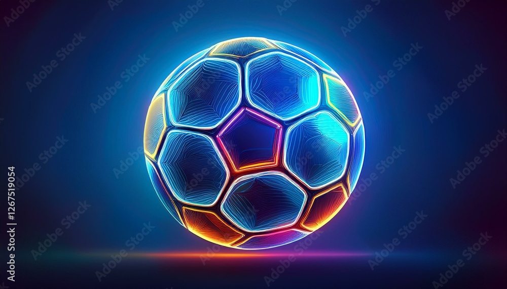 Obraz premium Abstract glowing neon colored soccer ball over blue background. Generated image