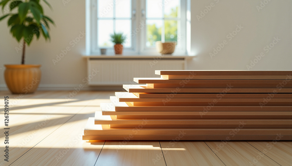 Stack of wooden floorboards ready for installation, neatly arranged in a bright modern room, installing wooden flooring