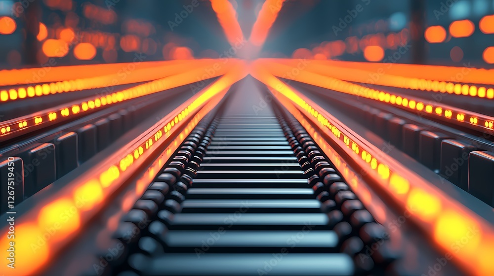A dynamic perspective of illuminated conveyor belts in a futuristic setting, showcasing vibrant orange lights and a sense of motion. A dynamic perspective of illuminated conveyor belts in a futuristic setting, showcasing vibrant orange lights and a sense of motion.