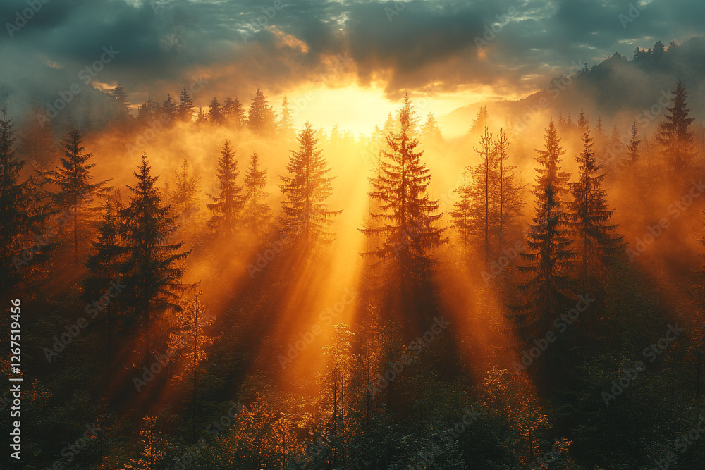 Naklejka premium Golden Radiance, A Forest Bathed in Ethereal Morning Sunlight
