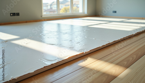 Obraz na płótnie Underlayment sheet being placed on a clean subfloor, smooth wooden planks ready to be installed, installing wooden flooring w salonie