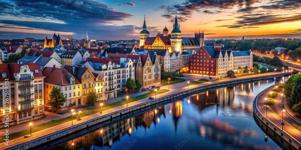 Kaliningrad Oblast at night: a stunning 3D rendered low-light cityscape, European charm. Kaliningrad Oblast at night: a stunning 3D rendered low-light cityscape, European charm.