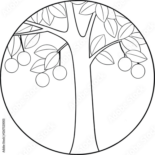 Simple Line Drawing of a Fruit Tree in a Circle