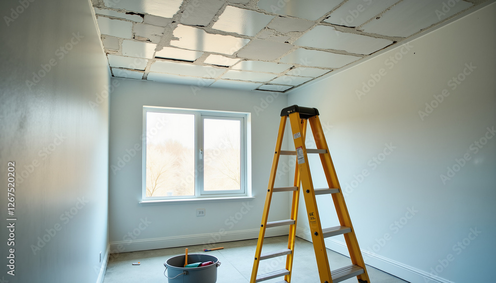 Ladder standing under a partially repaired ceiling, bucket of plaster and tools on the floor, organized workspace