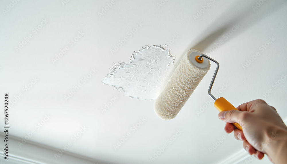 Paint roller applying fresh white paint to a patched ceiling, subtle texture visible, ceiling repair work
