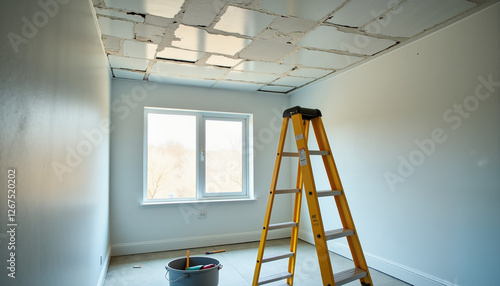 Obraz na płótnie Ladder standing under a partially repaired ceiling, bucket of plaster and tools on the floor, organized workspace w salonie