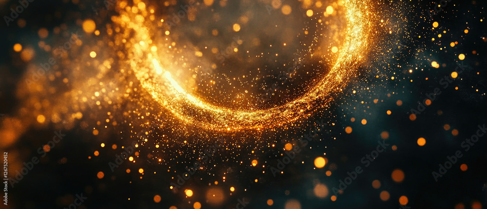 Glowing Semicircular Golden Portal with Sparkling Magic Particles on a Dark Background Glowing Semicircular Golden Portal with Sparkling Magic Particles on a Dark Background