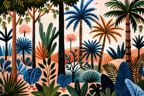 tropical forest with palm trees and plants landscape abstract cartoon illustration