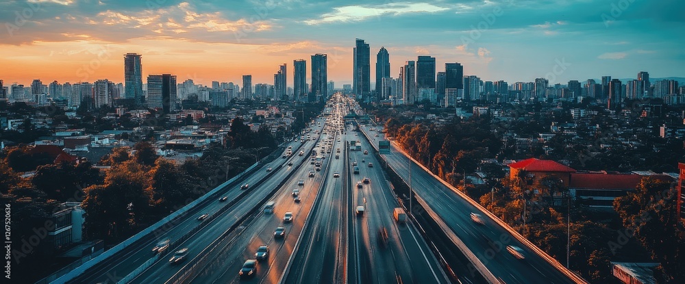 Obraz premium Sunset highway traffic, city skyline backdrop, urban landscape