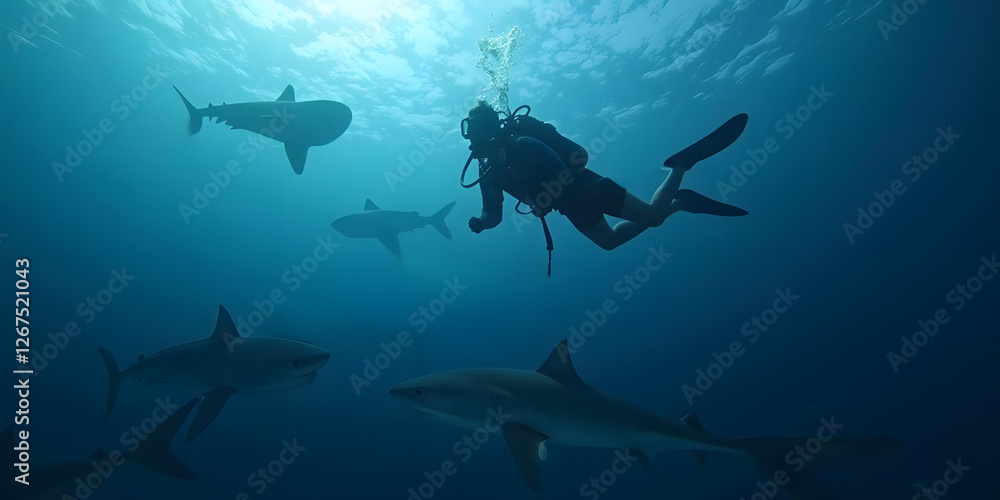 Diver exploring underwater with sharks in a serene ocean environment Diver exploring underwater with sharks in a serene ocean environment