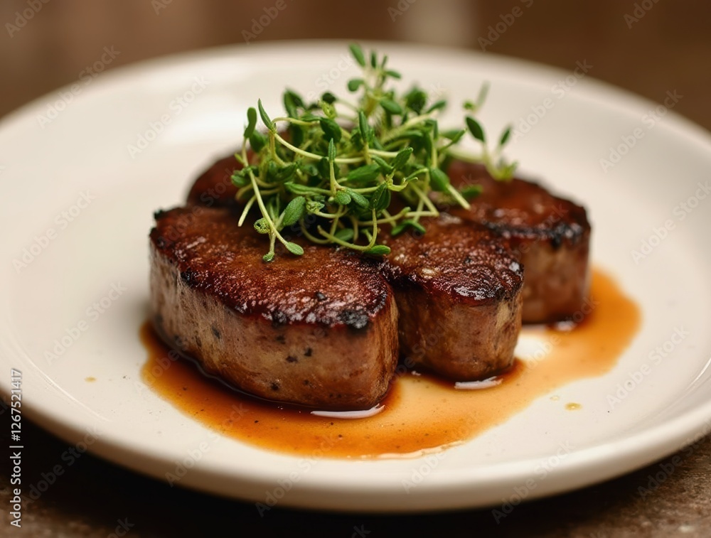 Gourmet dish featuring seared steak with microgreens and sauce Gourmet dish featuring seared steak with microgreens and sauce