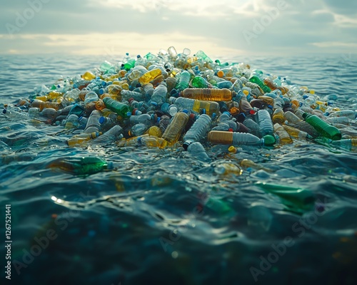 Wallpaper Mural Underwater scene of a large pile of plastic bottles floating on the ocean surface, pollutionfilled water, marine conservation message, vivid colors, 8K resolution Torontodigital.ca