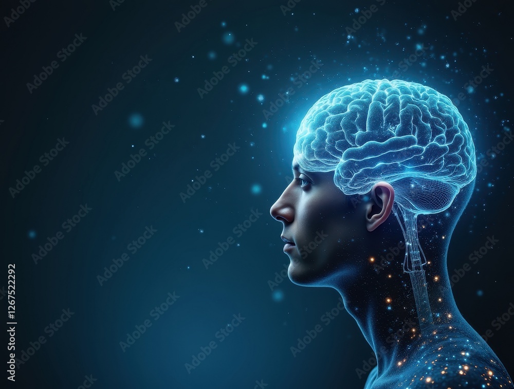 Man showing hologram of human brain, artificial intelligence concept Man showing hologram of human brain, artificial intelligence concept
