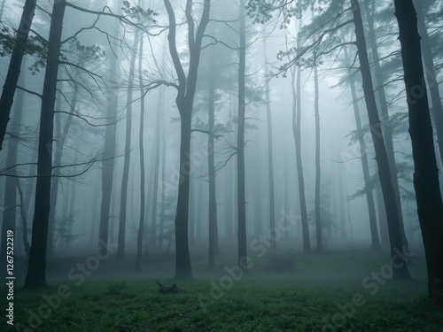 The forest floor is hidden beneath a thick layer of fog and mist, foggy woods, dark woods, ambient light