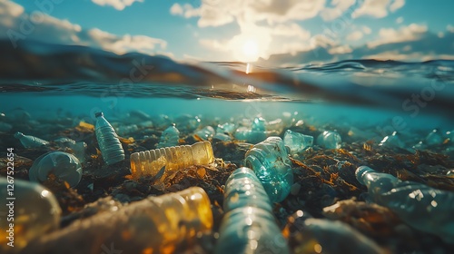 Closeup underwater view of plastic bottles floating on the ocean surface, depicting pollution crisis, ecoawareness, pristine yet polluted water, hyperrealistic, 8K UHD photo