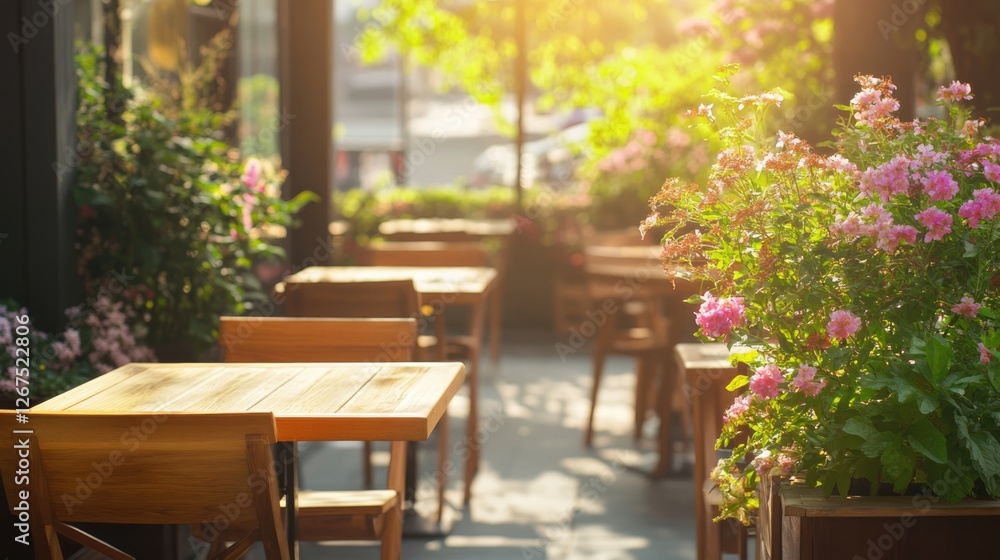 Sunlight streams through a cafe, illuminating wooden tables and chairs amongst vibrant pink flowers. Sunlight streams through a cafe, illuminating wooden tables and chairs amongst vibrant pink flowers.