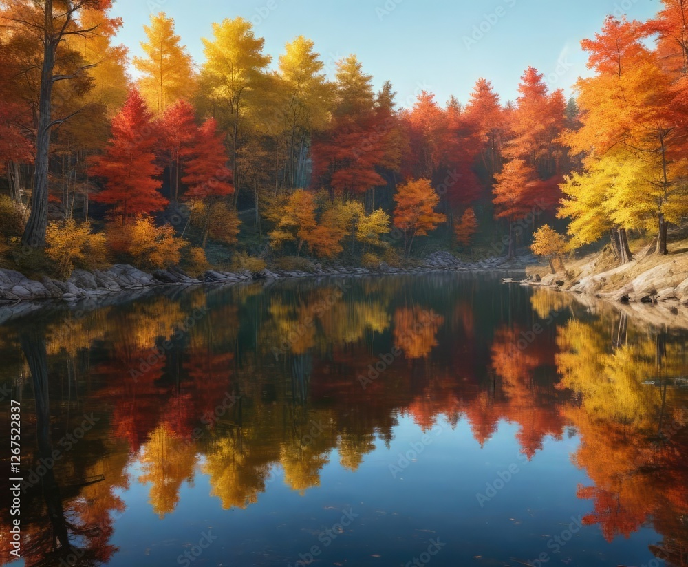 The lake's surface reflecting the vibrant autumn colors of the surrounding trees, natural serenity, shaded area, autumn colors The lake's surface reflecting the vibrant autumn colors of the surrounding trees, natural serenity, shaded area, autumn colors