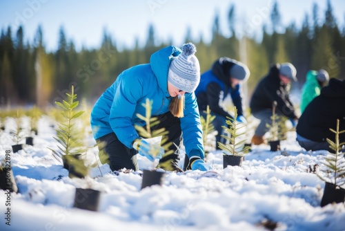 Community tree planting event in winter wonderland environmental action snowy landscape people caring for nature
