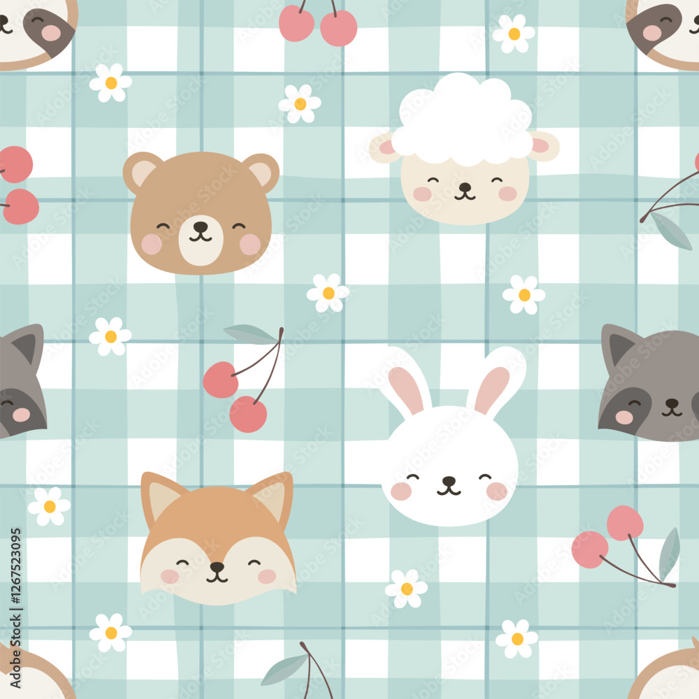 Fototapeta premium Animals Cute Seamless Pattern, adorable design for kids, vector illustration