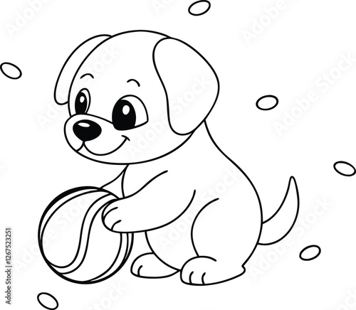 Adorable Cartoon Puppy Playing with Ball, Line Art, Coloring Page