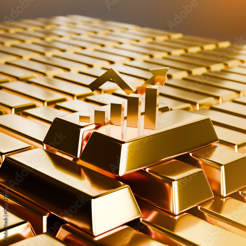 Gold bars. Growth rate in prices for Gold bars with markings. Growth in investment income.3d illustration