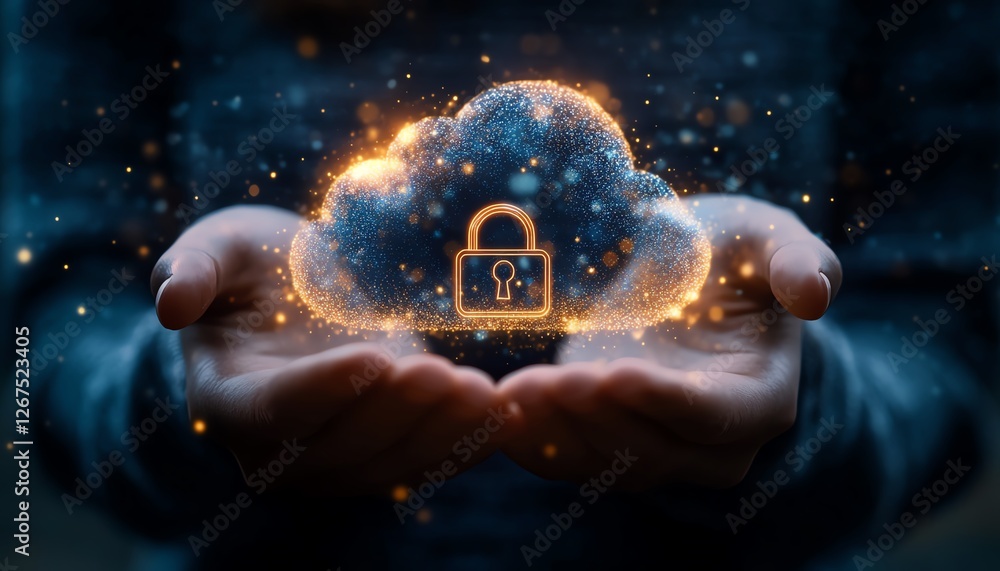 A person with a holographic cloud and glowing padlock in their hands, symbolizing the future of digital security and data protection, hightech design, 4K resolution A person with a holographic cloud and glowing padlock in their hands, symbolizing the future of digital security and data protection, hightech design, 4K resolution