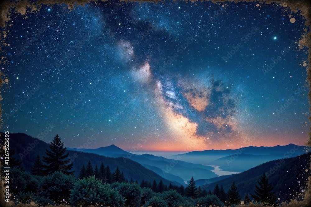 Fototapeta premium Vintage starry night sky on aged paper, old paper, textured background, retro