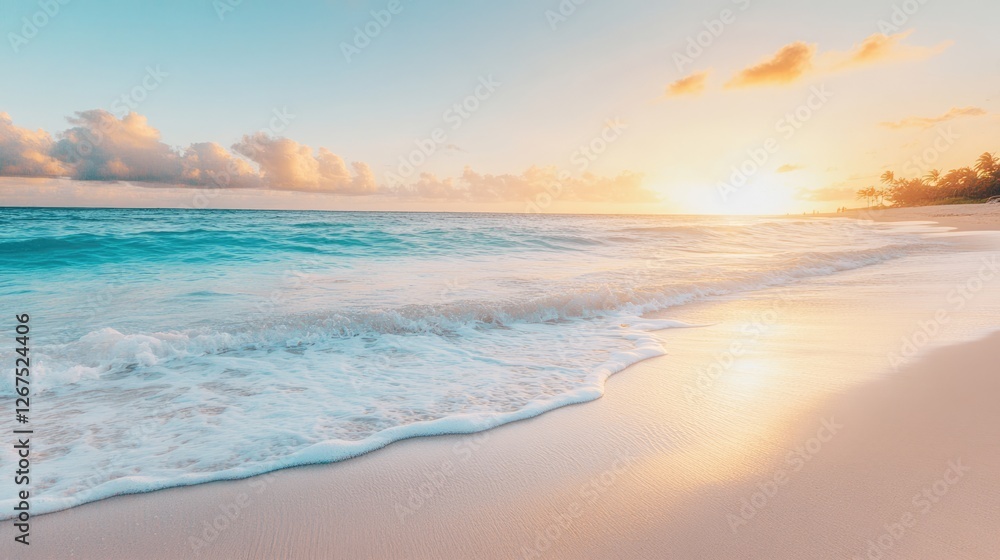 Sunrise Serenity: Waves Gently Kissing a Sandy Shore Sunrise Serenity: Waves Gently Kissing a Sandy Shore