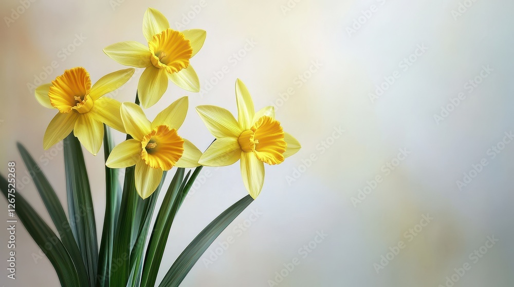 doffodil flowers on a white background with blur and green leaves doffodil flowers on a white background with blur and green leaves
