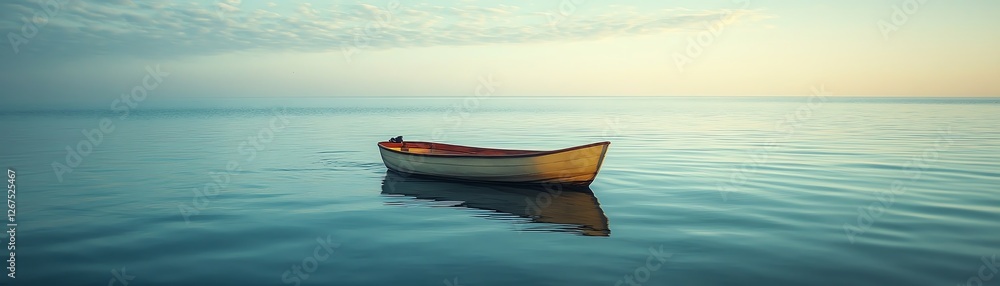 Naklejka premium Lone boat drifting peacefully in calm ocean waters, serene sky above, person floating peacefully, daylight, calm and tranquil mood, highdefinition, 4K