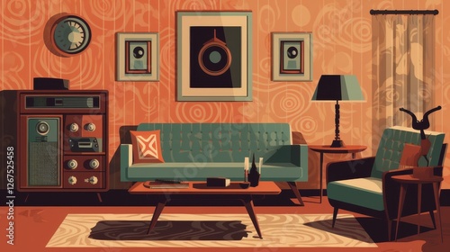 A cozy vintage living room featuring a retro couch, stylish lamp, and eclectic decor on patterned walls.