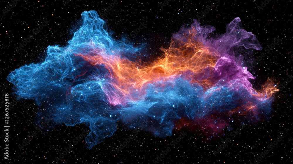 Obraz premium Hydrogen atoms fusing into helium create a colorful cosmic explosion with vibrant plasma waves in a detailed symmetrical composition