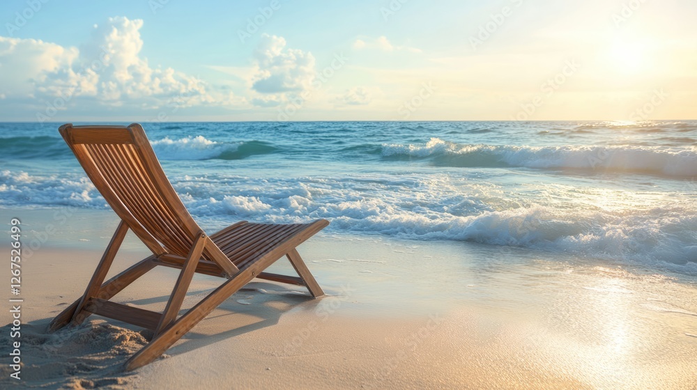 Sunset Serenity: A Wooden Beach Chair Awaits at the Ocean's Edge Sunset Serenity: A Wooden Beach Chair Awaits at the Ocean's Edge