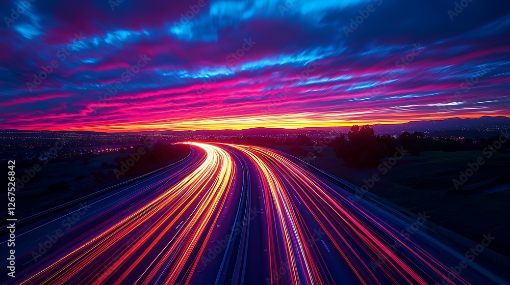 Highway sunset light trails, vibrant sky, suburban backdrop, speed travel Highway sunset light trails, vibrant sky, suburban backdrop, speed travel