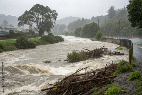 Torrential downpour causes Wairua stream to swell with debris laden floodwater, tree branches submerged, heavy rain, brown water photo