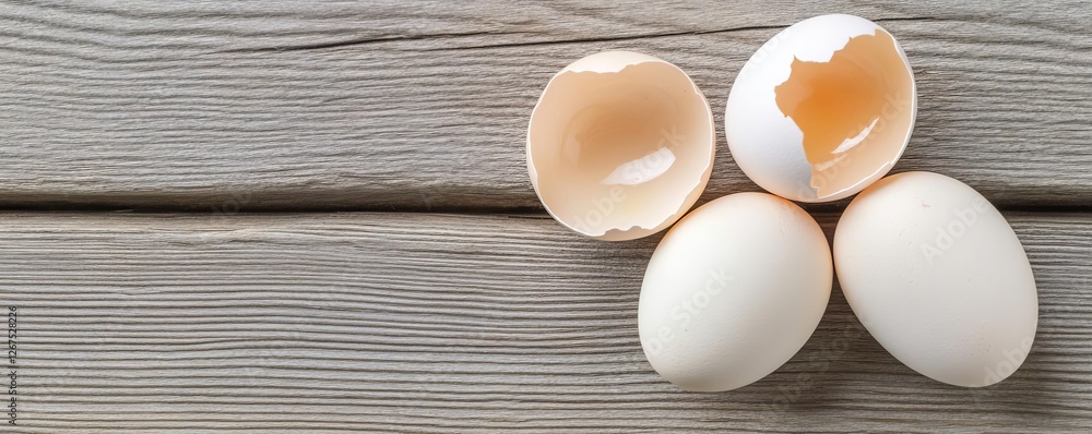 Duck eggs cracked open on a wooden surface, alternative protein source Duck eggs cracked open on a wooden surface, alternative protein source
