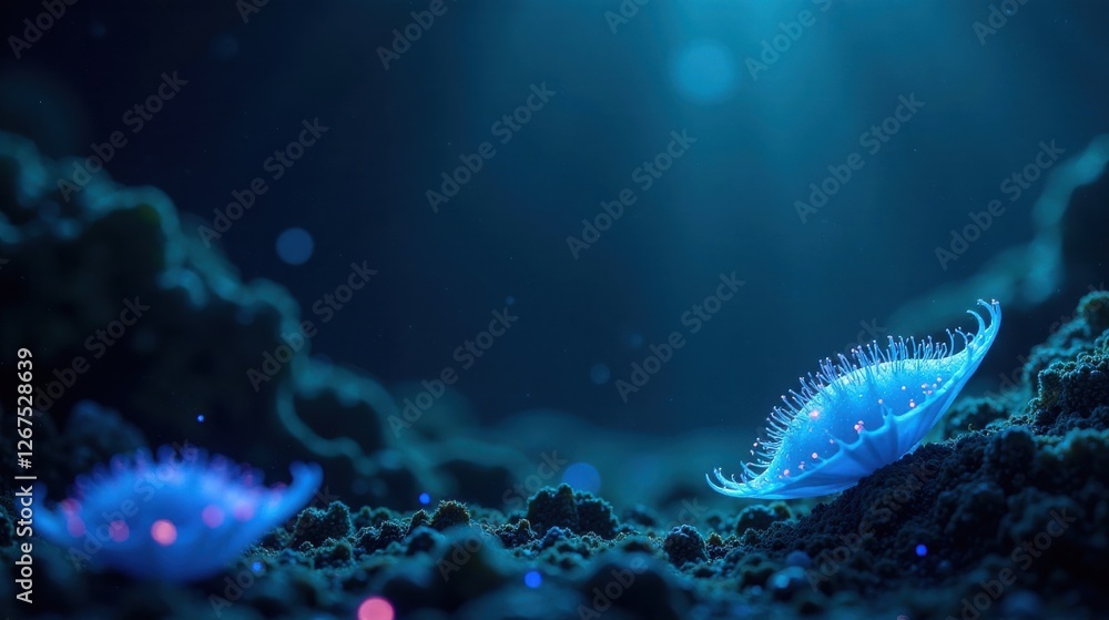 Obraz premium Enigmatic Luminescent Flora of the Deep Ocean Floor A Surreal Underwater Scene