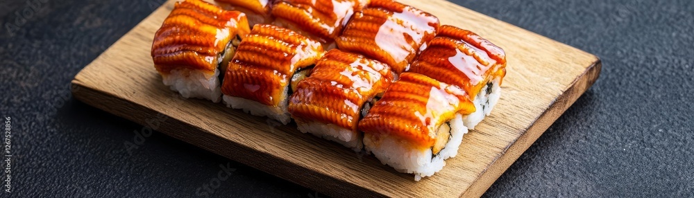 Eel sushi roll with sweet glaze, unique seafood protein dish Eel sushi roll with sweet glaze, unique seafood protein dish