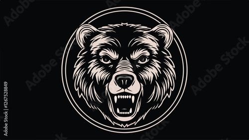 A black and white stock image features the head of an angry grizzly bear.