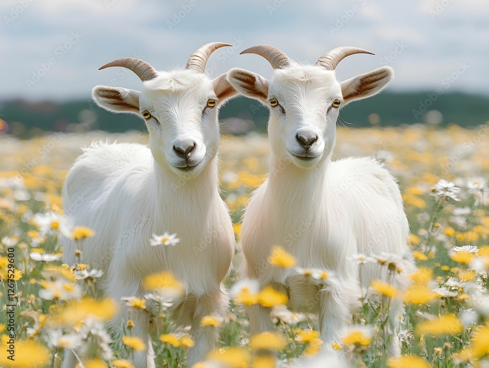 Sunny spring day. Goats white graze in the meadow in the village and eat green grass. Village life, picture painted with watercolors Sunny spring day. Goats white graze in the meadow in the village and eat green grass. Village life, picture painted with watercolors