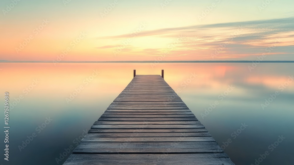 Tranquil Dawn: A Wooden Dock Extending into a Serene Lake at Sunrise Tranquil Dawn: A Wooden Dock Extending into a Serene Lake at Sunrise