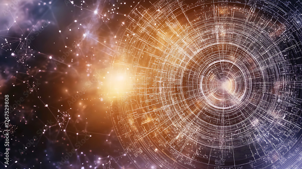 Fototapeta premium Celestial Orb of Complex Data Network in Digital Universe with Radiant Light and Interconnected Nodes