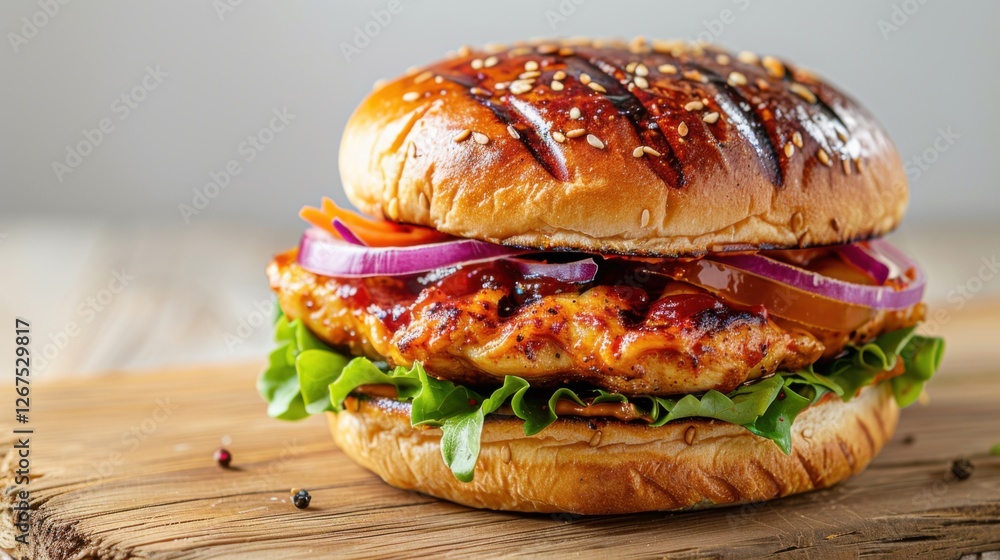 Spicy chicken sandwich on a wooden table, white background Spicy chicken sandwich on a wooden table, white background