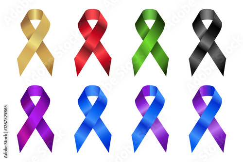 Set of realistic vector awareness ribbons in 8 different colors. Awareness ribbon different color set. World Prostate Cancer Day concept. Bright medical banner, 3d tape. For poster, Websites Magazines