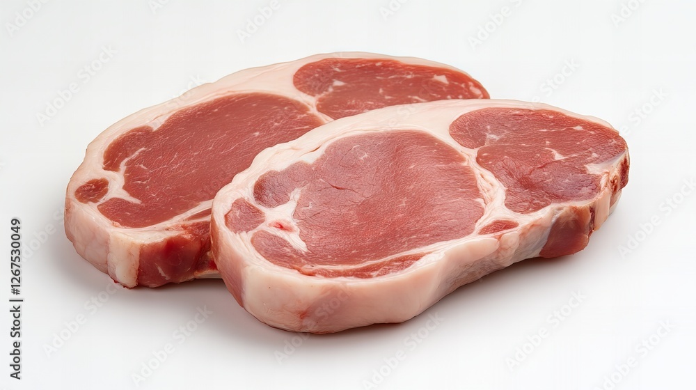 Two raw pork chops on a white background. Ready for cooking. Two raw pork chops on a white background. Ready for cooking.