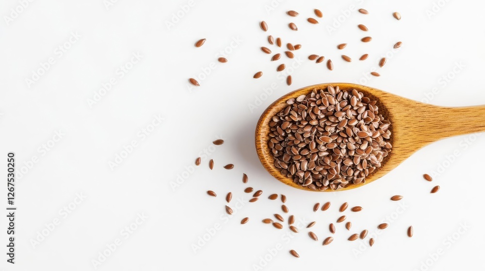 Flaxseeds scattered on a wooden spoon, plant-based omega-3 and protein source Flaxseeds scattered on a wooden spoon, plant-based omega-3 and protein source