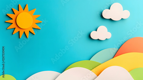 Colorful Paper Cut Landscape with Sun and Clouds on Blue Background