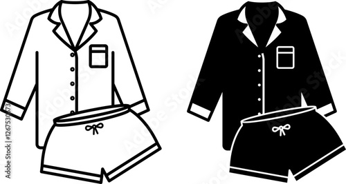 Pajama Icons. Black and White Vector Illustration. Nightgown and Shorts. Women's Underwear for Sleep. Fashion and Clothing Concept