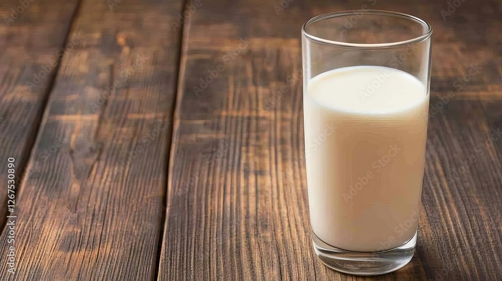 Glass of almond milk on a wooden table, dairy-free protein alternative Glass of almond milk on a wooden table, dairy-free protein alternative