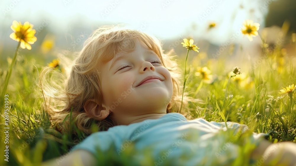 Happy child enjoying on grass field and dreaming Happy child enjoying on grass field and dreaming